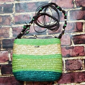 SUN & SAND GREEN  STRAW BAG BEADS SHOULDER STRAP